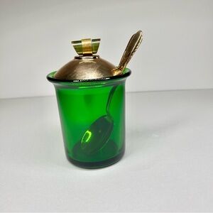 Green Glass Jar with Gold Lid and Spoon